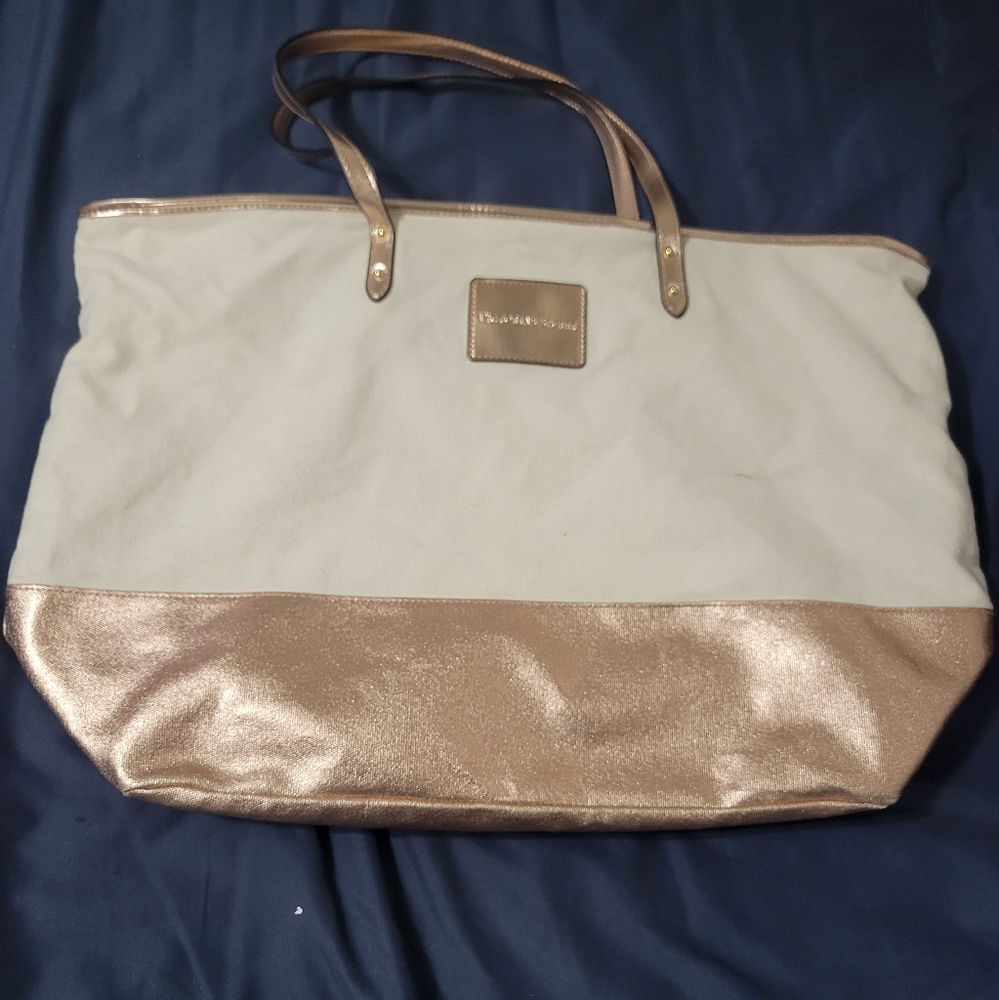 VICTORIA SECRET Zip Tote Handbag Beach Rose Gold Beige Canvas Bag
